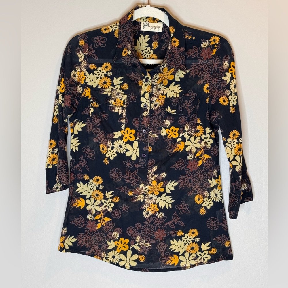 Magazine Navy and Yellow Floral Blouse
